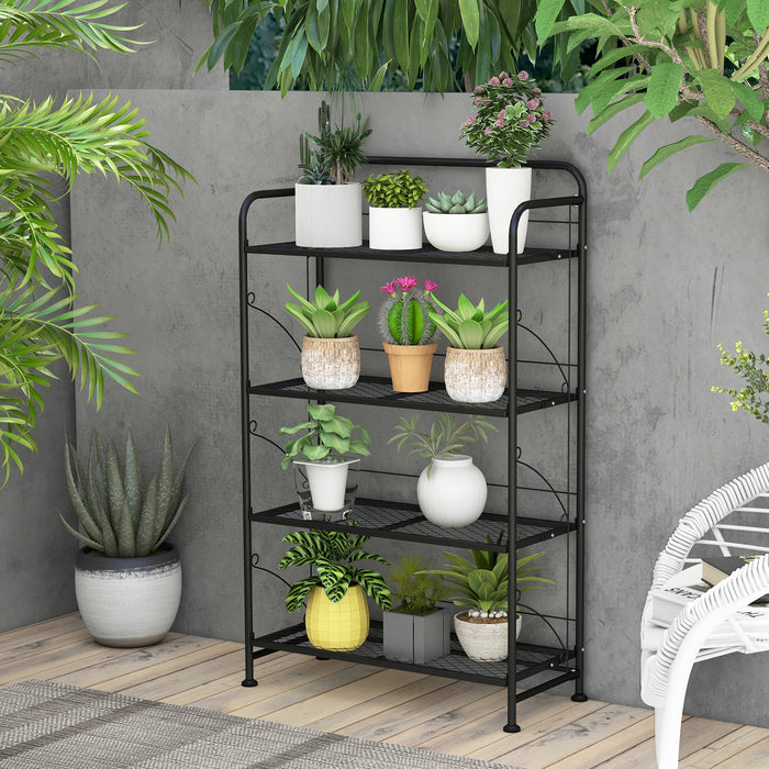 Foldable 4-Tier Plant Stand - Black, Adjustable Shelf and Feet - Ideal for Indoor and Outdoor Plant Display