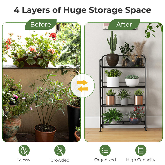 Foldable 4-Tier Plant Stand - Black, Adjustable Shelf and Feet - Ideal for Indoor and Outdoor Plant Display