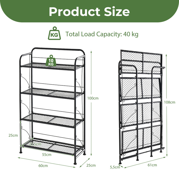 Foldable 4-Tier Plant Stand - Black, Adjustable Shelf and Feet - Ideal for Indoor and Outdoor Plant Display
