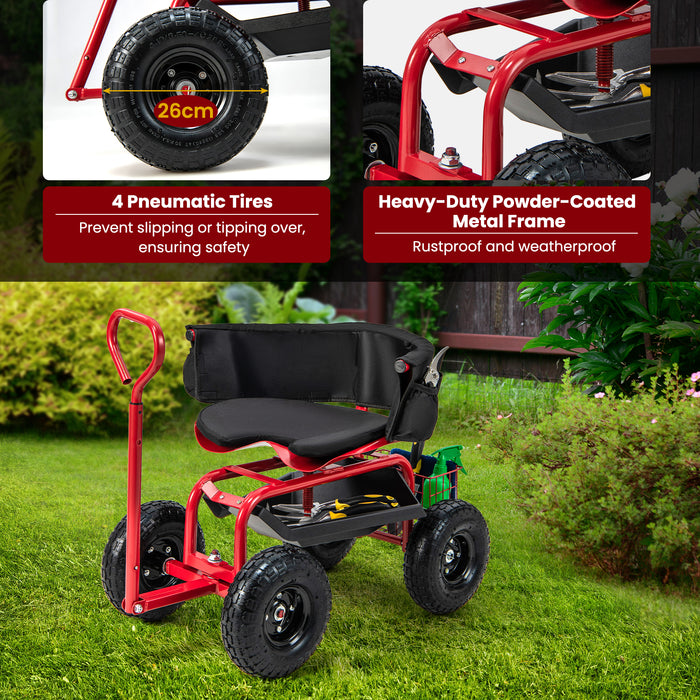 Red Rolling Garden Cart Scooter - Durable Gardening Scooter with Tires - Ideal for anyone with Mobility Issues or who Loves Gardening