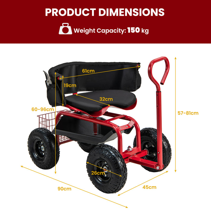 Red Rolling Garden Cart Scooter - Durable Gardening Scooter with Tires - Ideal for anyone with Mobility Issues or who Loves Gardening