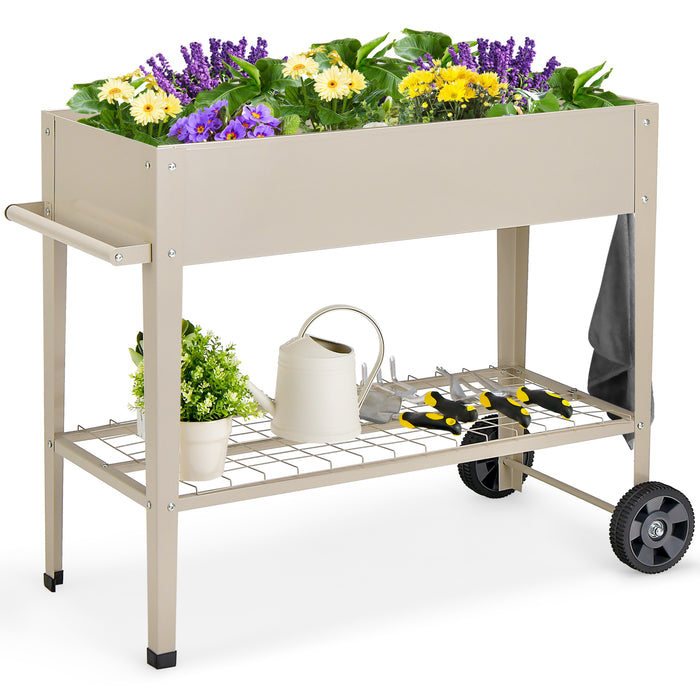 GardenJoy - White Metal Raised Garden Bed with Mobility Features and Bottom Shelf - Ideal for Plant Lovers with Limited Space