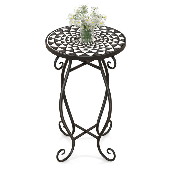 Ceramic Tile Small Plant Stand - Weather-Resistant, Black & White - Perfect for Displaying Indoor and Outdoor Plants