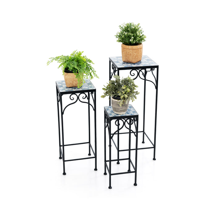 Set of 3 Metal Plant Stands with Mosaic Tile - Blue Accent Furniture for Indoor/Outdoor Gardening - Ideal Solution for Displaying Plants in Style
