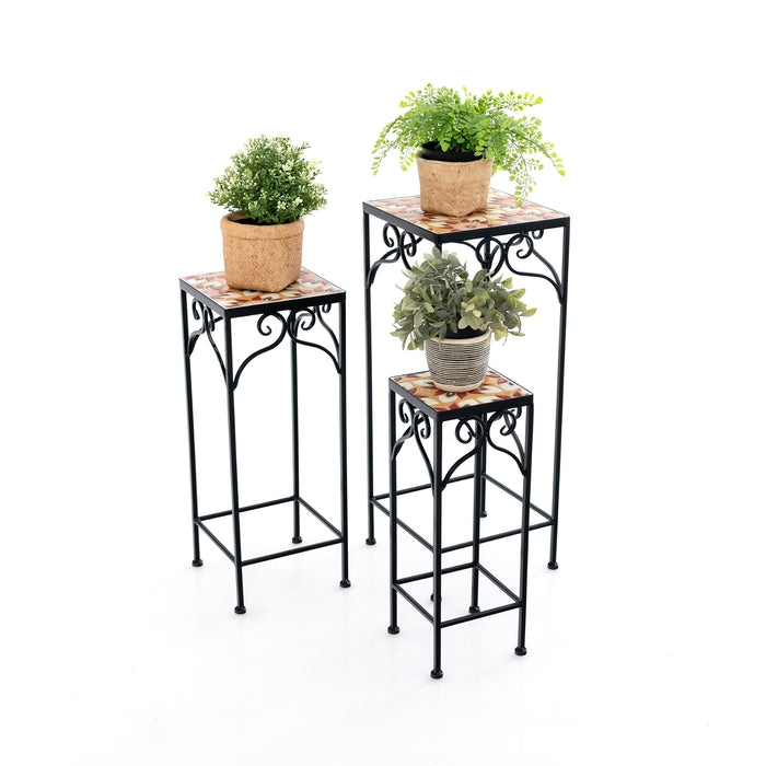 Set of 3 Metal Plant Stands with Mosaic Tile - Blue Accent Furniture for Indoor/Outdoor Gardening - Ideal Solution for Displaying Plants in Style