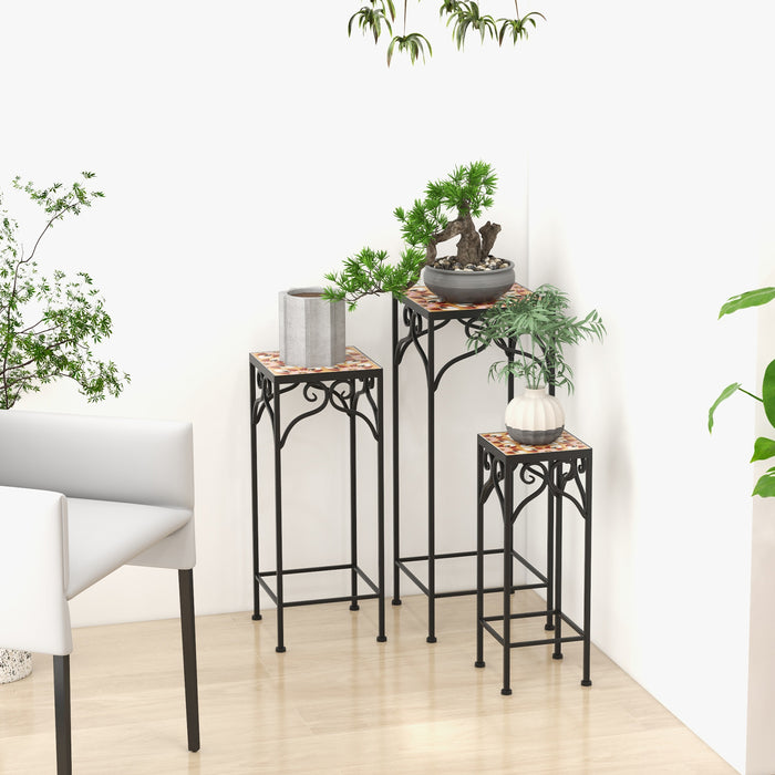 Set of 3 Metal Plant Stands with Mosaic Tile - Blue Accent Furniture for Indoor/Outdoor Gardening - Ideal Solution for Displaying Plants in Style