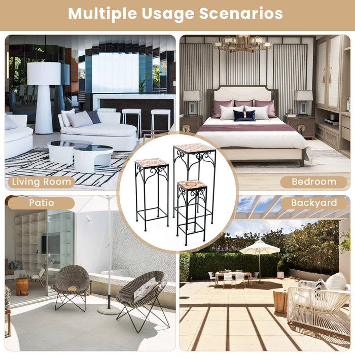 Set of 3 Metal Plant Stands with Mosaic Tile - Blue Accent Furniture for Indoor/Outdoor Gardening - Ideal Solution for Displaying Plants in Style