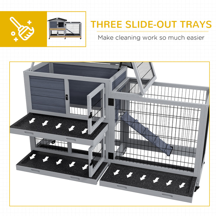 Portable Bunny Haven with Wheeled Base - Outdoor Indoor Rabbit Hutch with Play Run, Easy Clean Slide-Out Trays, and Access Ramp - Durable Grey Habitat for Pet Rabbits and Small Animals