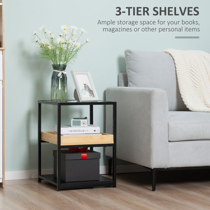 3-Tier Glass Top Side Table - End Table with Storage Shelves & Sturdy Steel Frame - Versatile Nightstand for Bedroom Organization