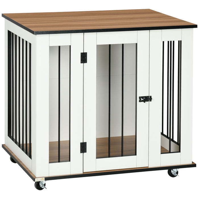 Dog Cage End Table with Wheels - Lockable Medium Dog Crate Furniture, 80x60x76.5cm, White - Stylish Pet Habitat for Home Convenience