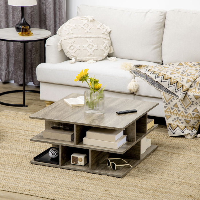 Modern Grey Square Coffee Table - Living Room Cocktail Furniture with Multiple Storage Shelves - Stylish Space-Saving Design for Contemporary Homes