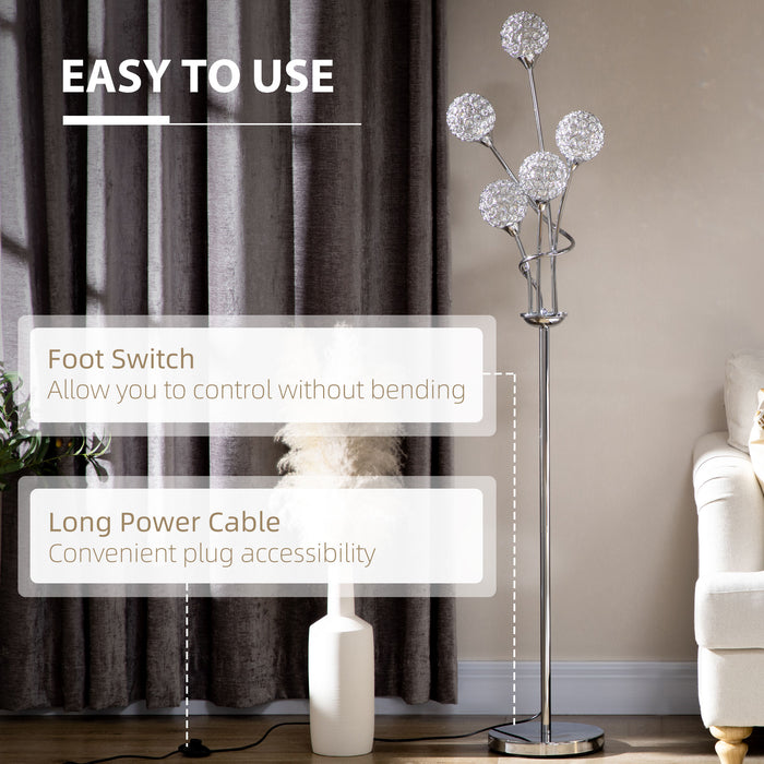 Crystal Elegance Floor Lamp - 5-Light Modern Upright Lamp for Bedroom & Living Room, 34x25x156cm in Silver - Stylish Illumination for Contemporary Spaces