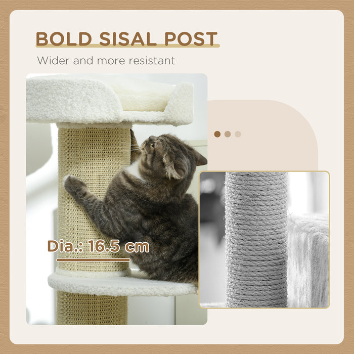2-Tier Sisal-Sherpa Cat Tree with Basket and Cushioned Sisal Post - Cream White Cozy Pet Furniture - Ideal for Scratching, Lounging, and Entertainment for Your Feline Friends