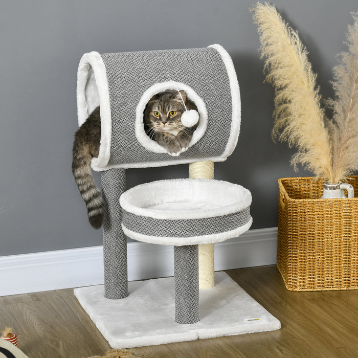 Indoor Cat Playhouse with Multi-Level Scratching Post - Includes Cozy Bed, Fun Tunnel & Hanging Toy Ball - 48x48x73cm Entertainment Center for Playful Cats and Kittens