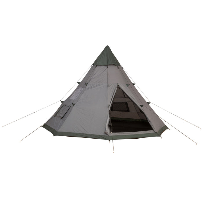 6-Person Tipi Camping Tent - Family Teepee with Mesh Windows, Zippered Entrance & Carry Bag - Easy Setup for Hiking, Picnics & Outdoor Adventures, Green/Grey