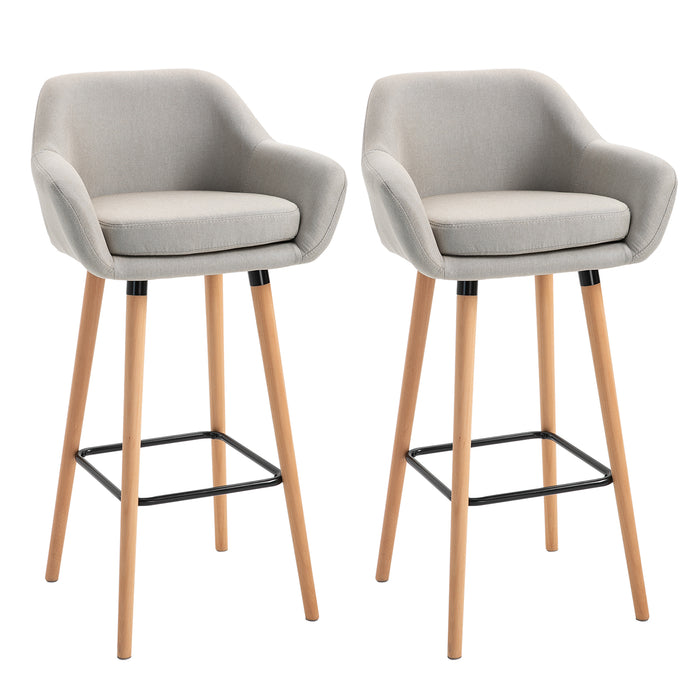 Modern Upholstered Beige Bar Stools - Set of 2 Chairs with Solid Wood Legs and Metal Frame - Elegant Seating for Dining Room or Kitchen