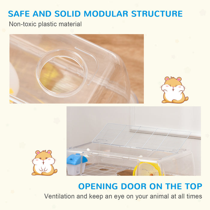 2-Storey Portable Hamster Habitat - Dual Layer Small Pet Cage with Exercise Wheel, Water Bottle & Food Dish - Ideal for Hamsters & Small Rodents