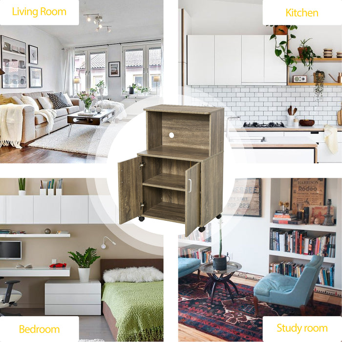 Modern Oak-Tone Microwave Stand with Cabinet - Versatile Kitchen Storage Trolley Cart, Locking Wheels & Sideboard Shelf - Ideal for Dining Room & Living Room Organization