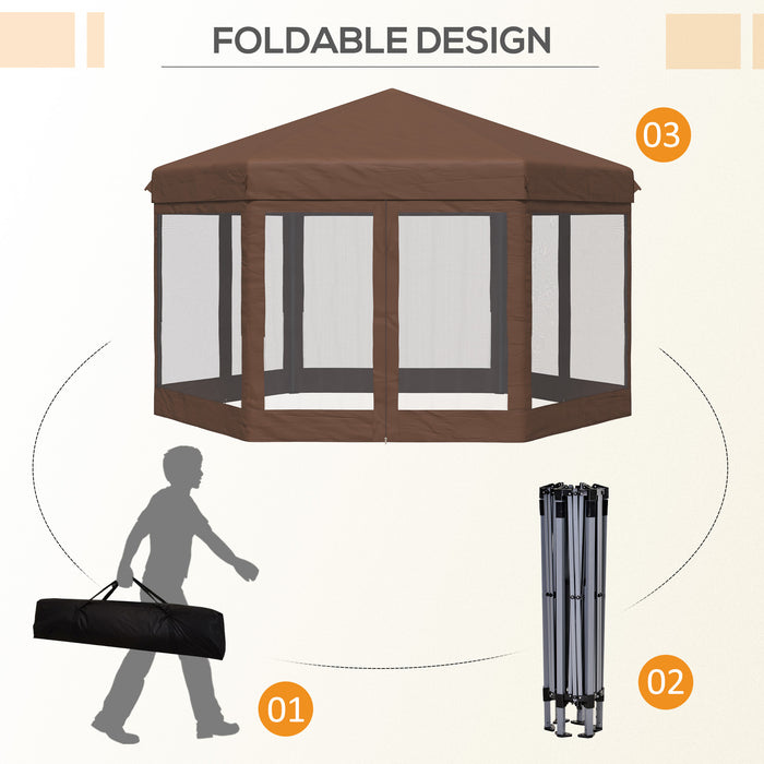 Hexagonal Pop-Up Gazebo - 3x3.5m Canopy with Adjustable Height, Sun Shelter, Mosquito Netting & Zipped Door, Brown - Ideal for Outdoor Parties & Gatherings