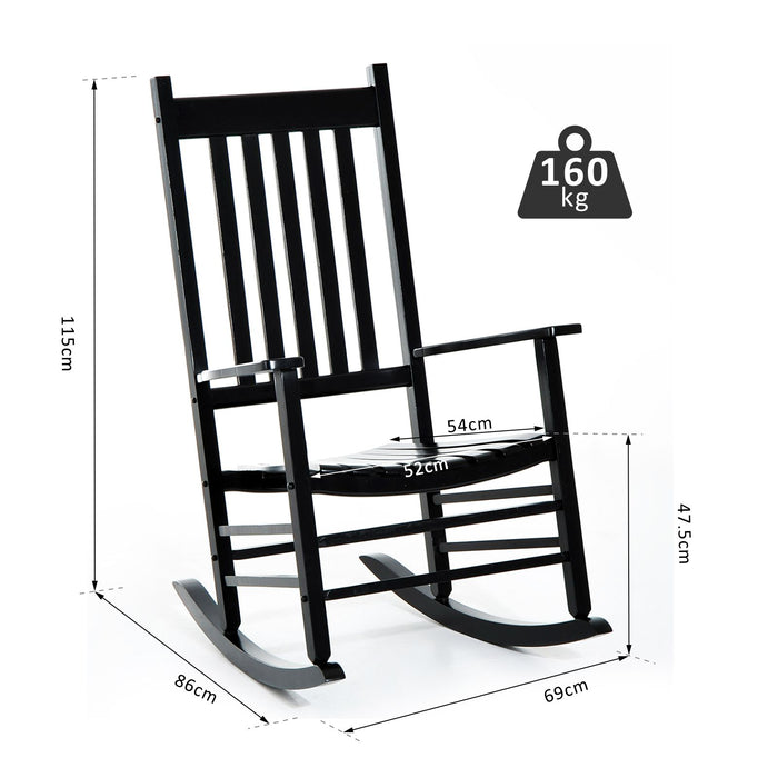 Wooden Patio Rocking Chair - Outdoor Porch Rocker with Armrests, Black - Ideal for Deck, Balcony, and Garden Seating