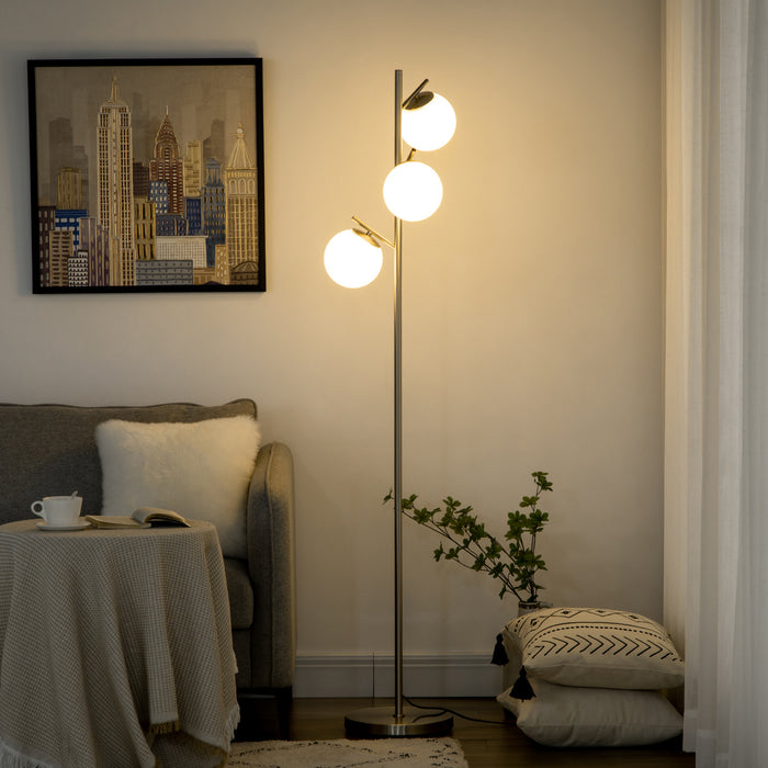 Modern Globe-Shade Tree Floor Lamp - 3-Light Standing Fixture with Steel Base for Living Room and Bedroom - Contemporary Lighting Without Bulb, Silver Finish