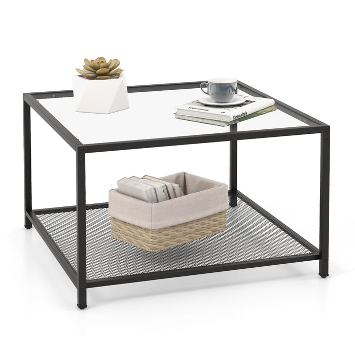 Modern Furniture - 2-Tier Square Black Glass Coffee Table with Storage - Ideal for Contemporary Living Rooms Needing Extra Storage Space