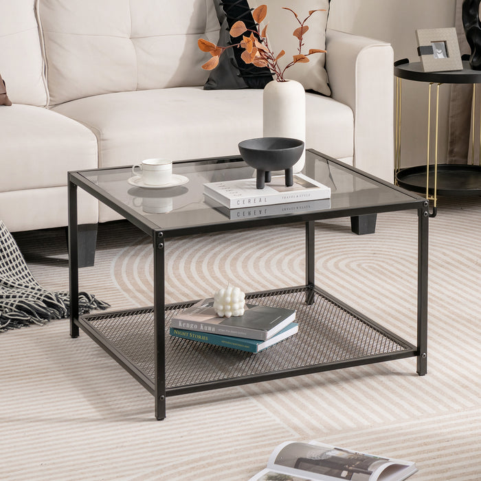Modern Furniture - 2-Tier Square Black Glass Coffee Table with Storage - Ideal for Contemporary Living Rooms Needing Extra Storage Space