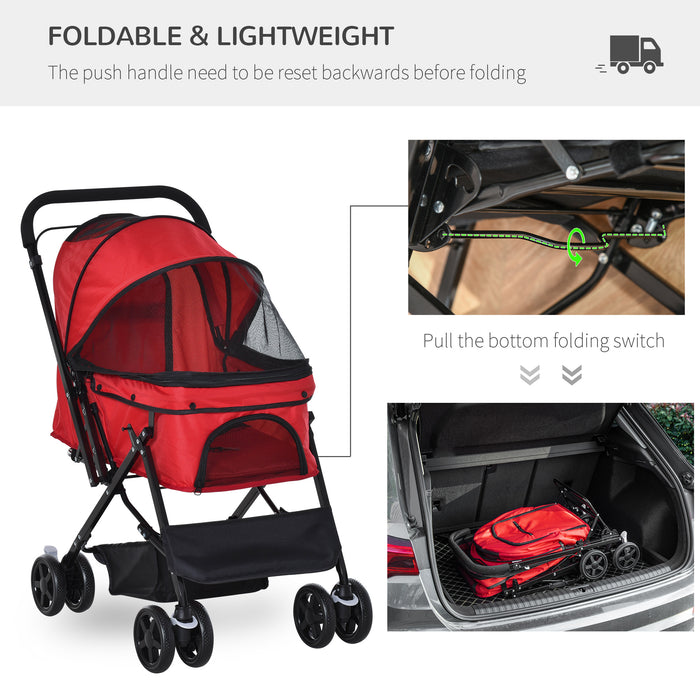 Foldable Pet Jogger Stroller - Reversible Handle, EVA Wheel Brakes, Adjustable Canopy with Safety Leash and Basket - Ideal for Dog Travel and Outdoor Activities
