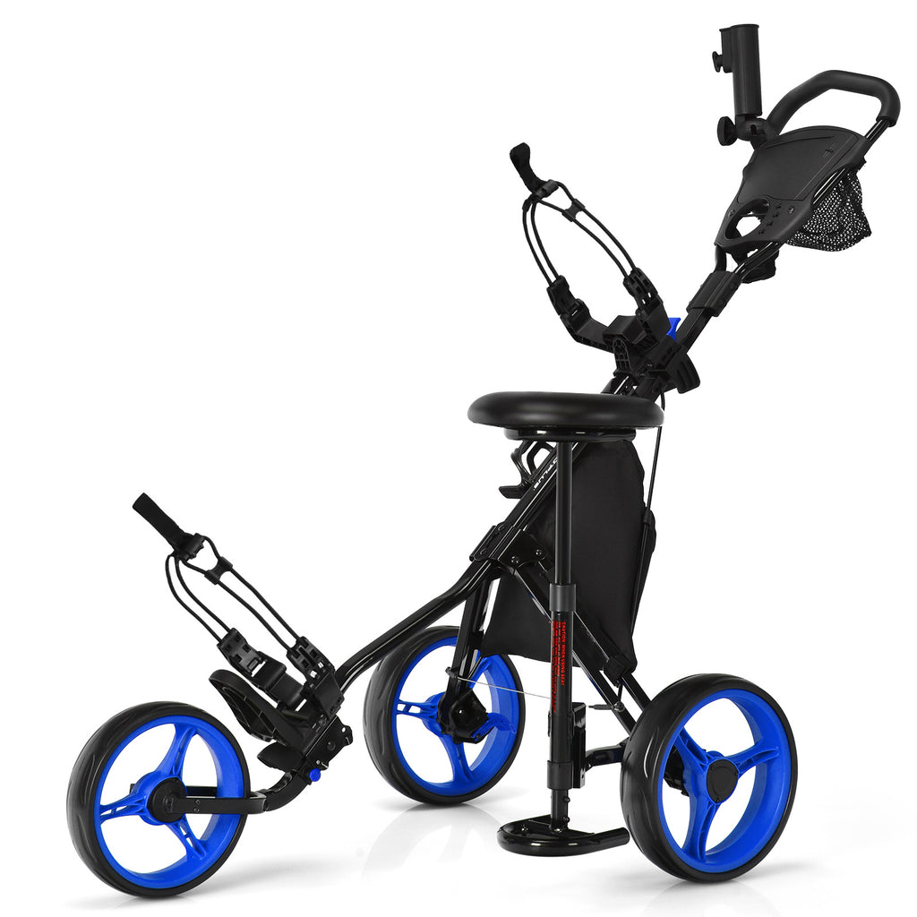 Blue Golf Push Pull Cart - Convenient Storage Bag and Reliable Foot Brake - Ideal for Golfers Needing Extra Storage Space and Easy Transportation on the Course