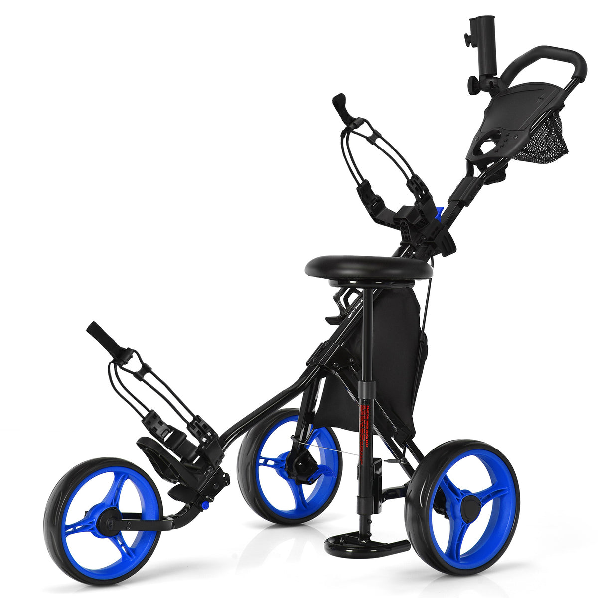 Blue Golf Push Pull Cart - Convenient Storage Bag and Reliable Foot Brake - Ideal for Golfers Needing Extra Storage Space and Easy Transportation on the Course