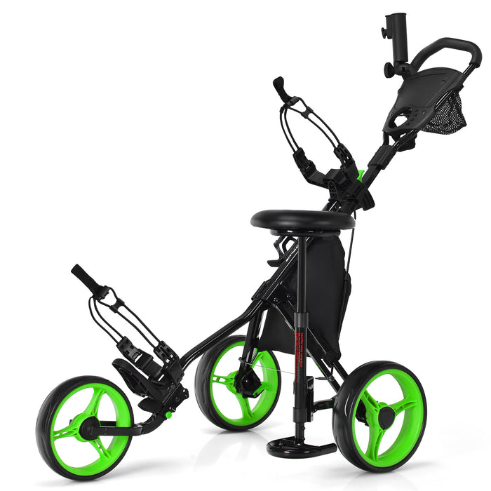 Blue Golf Push Pull Cart - Convenient Storage Bag and Reliable Foot Brake - Ideal for Golfers Needing Extra Storage Space and Easy Transportation on the Course