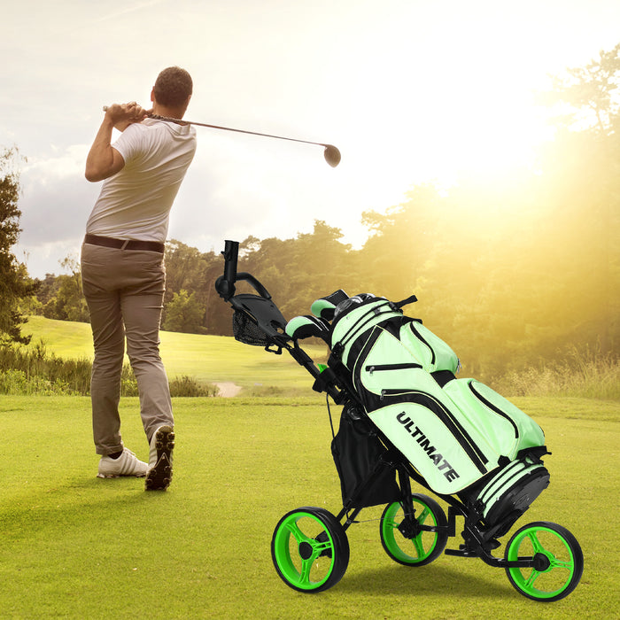 Blue Golf Push Pull Cart - Convenient Storage Bag and Reliable Foot Brake - Ideal for Golfers Needing Extra Storage Space and Easy Transportation on the Course