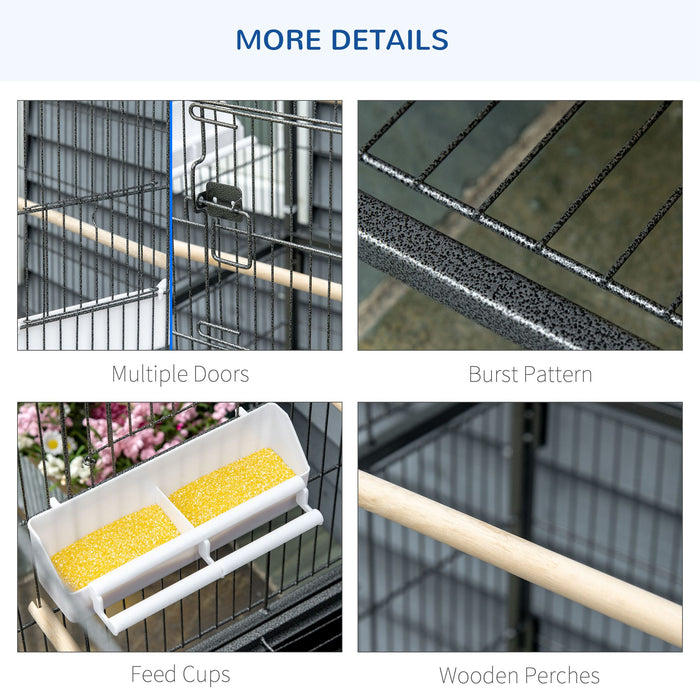 Large Rolling Aviary - Finch, Canaries, Parakeet Home with Slide-Out Tray and Food Containers - Optimal Habitat for Pet Birds with Storage Shelf