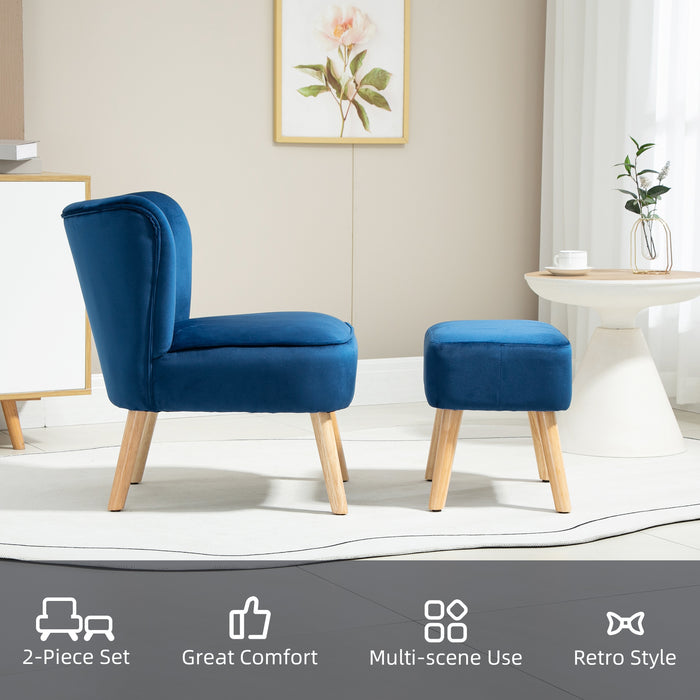 Velvet Tub Chair with Matching Ottoman - Plush Curved Back Accent Seat with Padded Cushioning and Sturdy Wooden Legs - Elegant Home Seating for Living Room or Lounge Space, Dark Blue