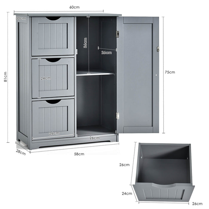 Freestanding Bathroom Cabinet - Single Door with 3 Storage Drawers - Ideal for Keeping Bathroom Neat and Organized