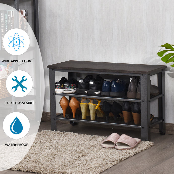 Industrial 3-Tier Shoe Rack Bench - Grey with Storage Shelf Feature - Ideal for Shoe Storage and Sitting Solutions