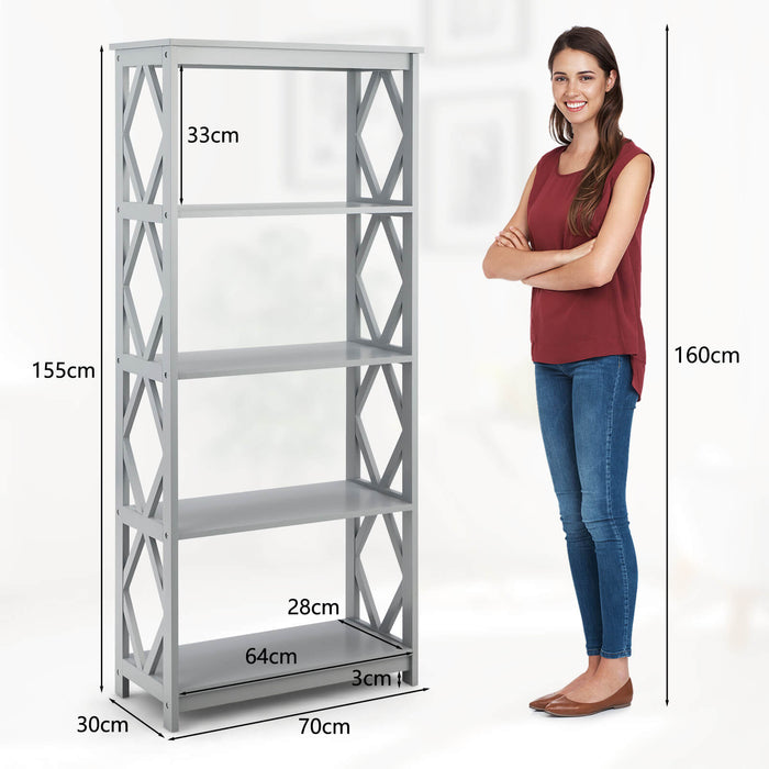 Modern 5-Tier Bookcase - Open Shelving Design in Grey - Perfect for Displaying Books and Decorative Items