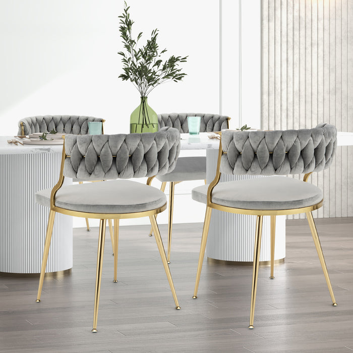 Velvet Dining Chair Set of 2 with Metal Legs - Woven Back, Grey Finish - Ideal for Contemporary Dining Rooms and Modern Home Interiors