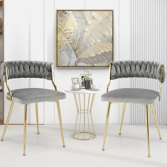 Velvet Dining Chair Set of 2 with Metal Legs - Woven Back, Grey Finish - Ideal for Contemporary Dining Rooms and Modern Home Interiors