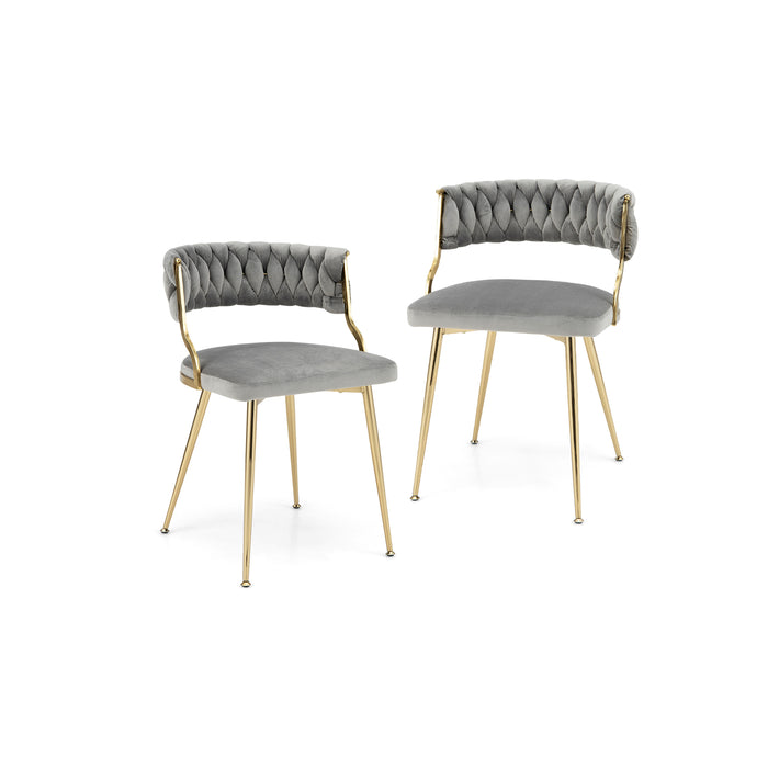 Velvet Dining Chair Set of 2 with Metal Legs - Woven Back, Grey Finish - Ideal for Contemporary Dining Rooms and Modern Home Interiors