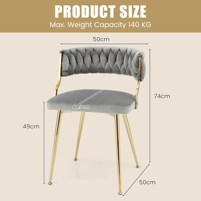 Velvet Dining Chair Set of 2 with Metal Legs - Woven Back, Grey Finish - Ideal for Contemporary Dining Rooms and Modern Home Interiors