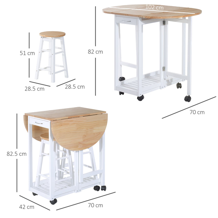 Mobile Wooden Kitchen Cart Set with Folding Bar Table - Versatile 3-Piece Rolling Trolley with Storage, 2 Stools & Dual Drawers - Space-Saving Design for Dining & Entertaining