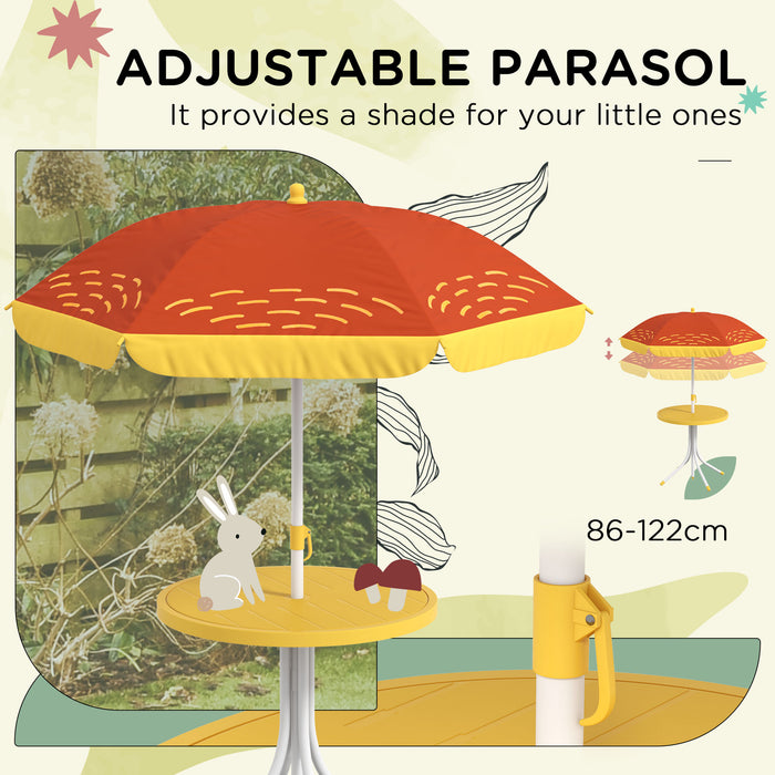 Lion-Themed Kids Picnic Table with Folding Chairs - Outdoor Children's Garden Furniture Set with Adjustable Yellow Parasol - Perfect for Playtime and Lunch Outdoors