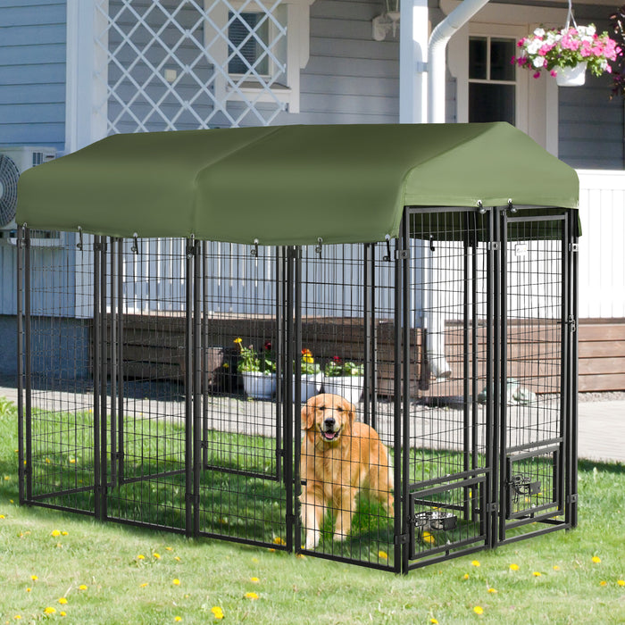 Lockable Outdoor Dog Kennel Playpen - Welded Wire Steel Fence with Water/UV-Resistant Canopy and Rotating Bowl Holders, 8x4x6ft, Green - Secure and Comfy Habitat for Pets