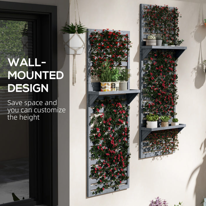 Fir Wood Plant Display Racks - Set of 2 Wall-Mounted Stands with Shelves & Slatted Trellis - Ideal for Patio, Balcony, Porch Greenery Showcase