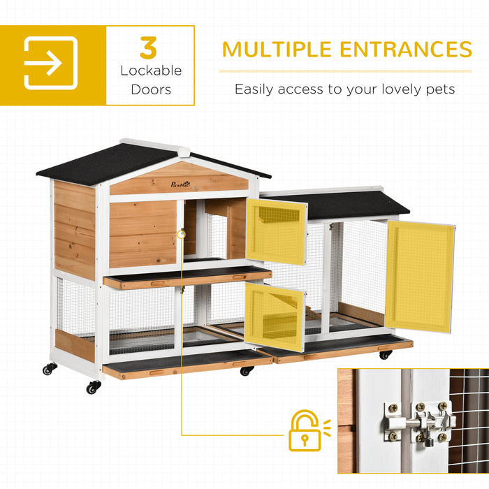 Wooden Rabbit Hutch with Double Decker Design - Mobile Guinea Pig Cage with Bunny Run, Wheels, Slide-Out Tray, Ramp - Ideal for Small Pets & Easy Cleaning