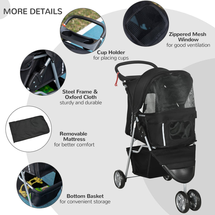 Pet Stroller for Small Dogs and Cats - 3-Wheel Dog Pushchair Trolley with Jogger Carrier Features, Black - Ideal for Travel and Outdoor Activities with Puppies or Miniature Breeds