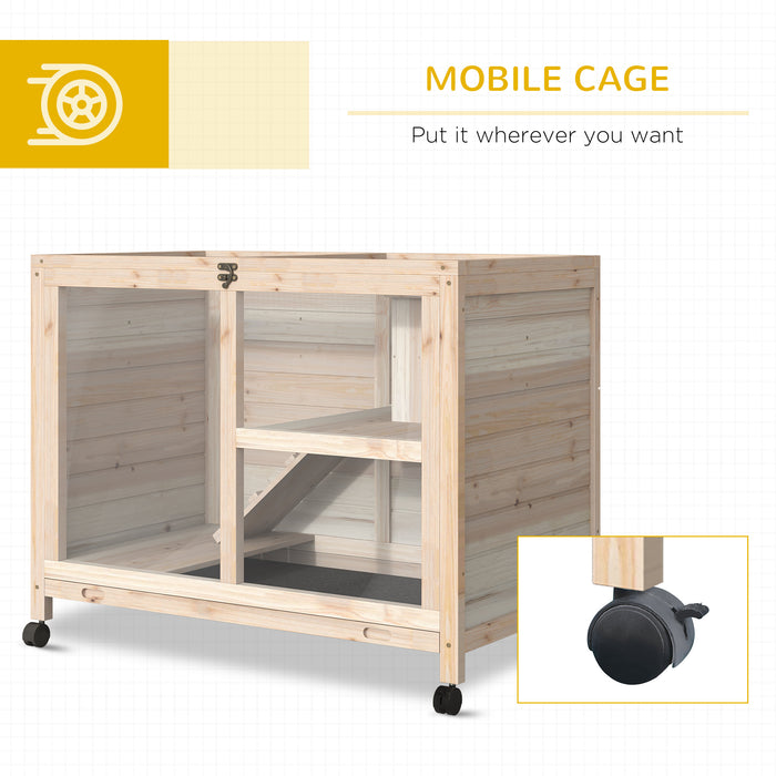 Wooden Rabbit Hutch with Wheels and Pull-Out Tray - Small Animal Enclosure for Guinea Pigs and Bunnies, Openable Roof Design - 91.5 x 53.3 x 73 cm Ideal for Pet Comfort and Easy Cleaning