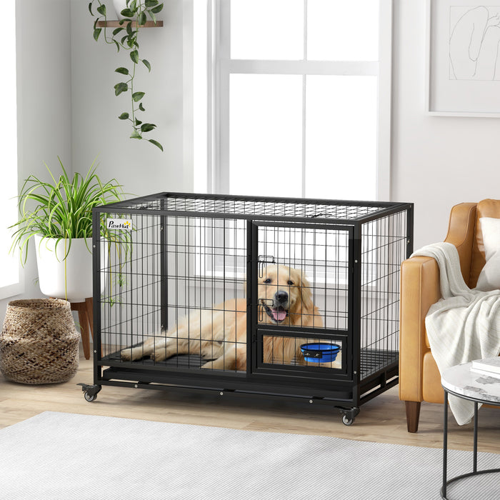 Heavy Duty 48-Inch Dog Crate with Wheels - Large and Extra-Large Double Door Pet Kennel with Bowl Holder and Removable Tray - Easy Transport and Cleaning for Big Breeds