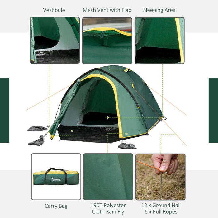 2-Person Dome Camping Tent - Large Windows, Waterproof Design in Green and Yellow - Ideal for Outdoor Adventures and Festivals